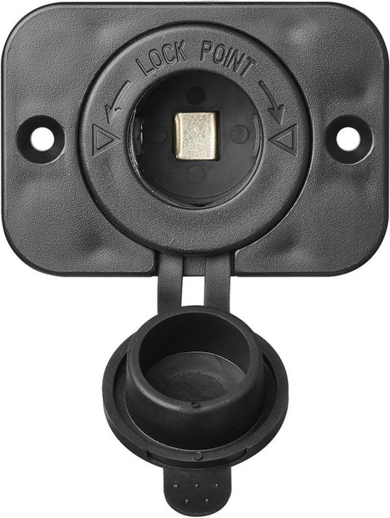 Zwarte inbouw sigarettenaansteker met beschermkap, "LOCK POINT" indicatie.