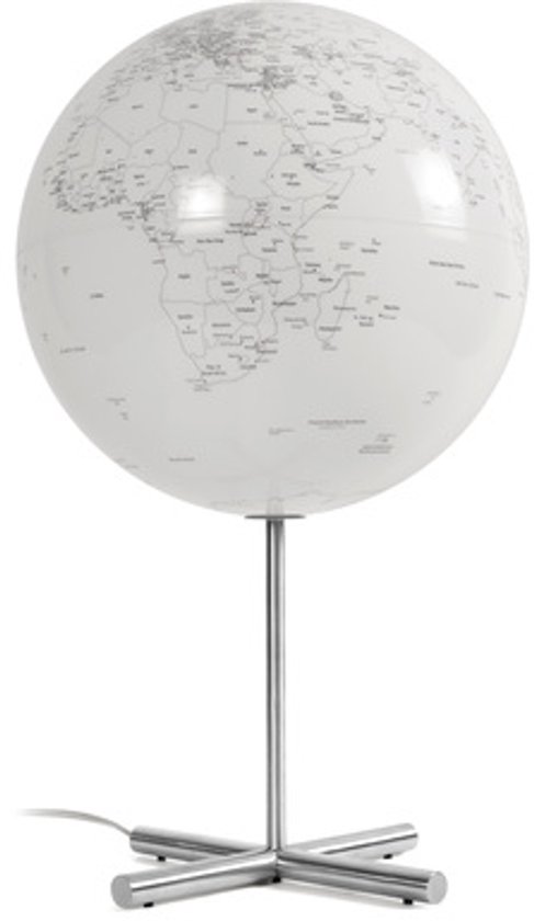 Witte wereldbollamp op RVS kruisvoet met verlichting, gedetailleerde landkaarten.