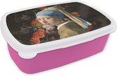 Broodtrommel Roze - Lunchbox - Brooddoos - Meisje met de parel - Vermeer - Bloemen - 18x12x6 cm - Kinderen - Meisje