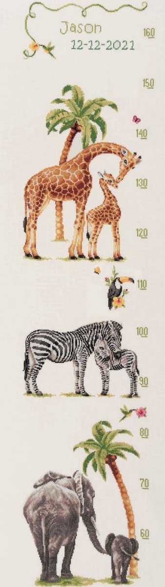 Dutch Stitch Brothers - DIY borduurpakket - DSB002L - Groeikaart Safari - Wit Linnen - 110 x 25 cm