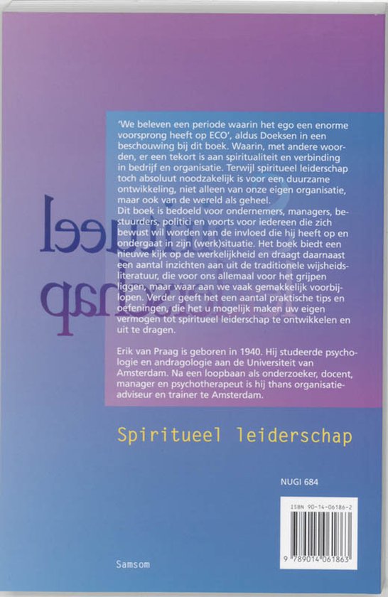 Achterkant van het boek 'Spiritueel leiderschap' met tekst over spiritueel leiderschap en Erik van Praag.
