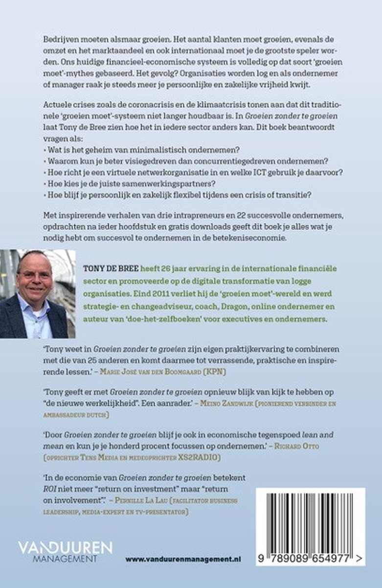 Boekomslag achterzijde met portret van auteur Tony de Bree, boekgegevens en recensies.