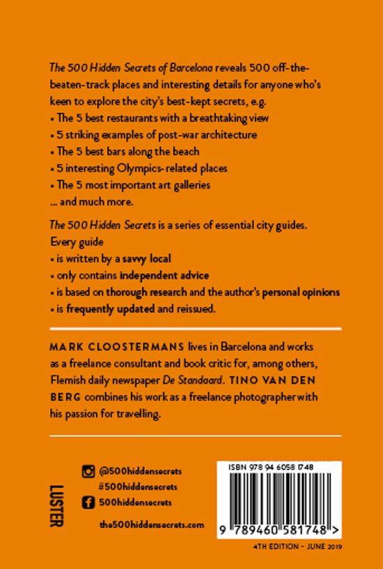 Achterkant van het boek "The 500 Hidden Secrets of Barcelona", 4e editie juni 2019, met ISBN.