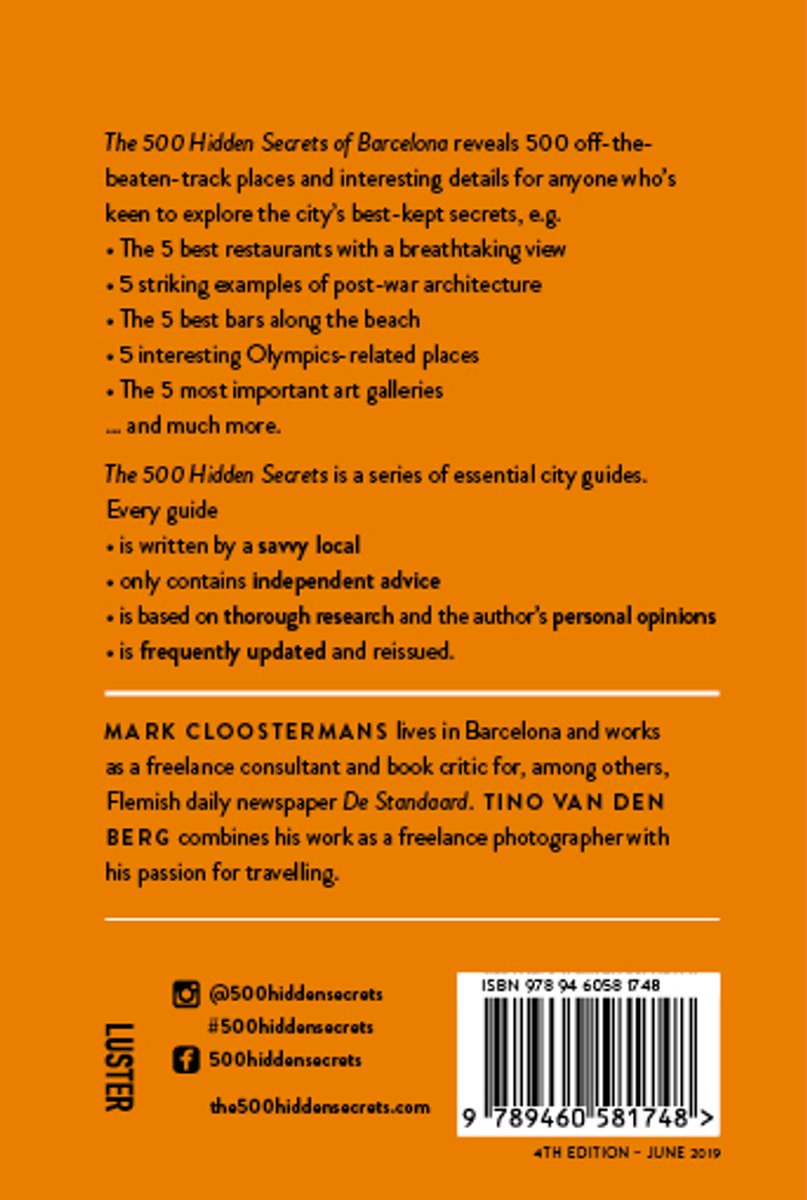 Achterkant van het boek "The 500 Hidden Secrets of Barcelona", 4e editie juni 2019, met ISBN.