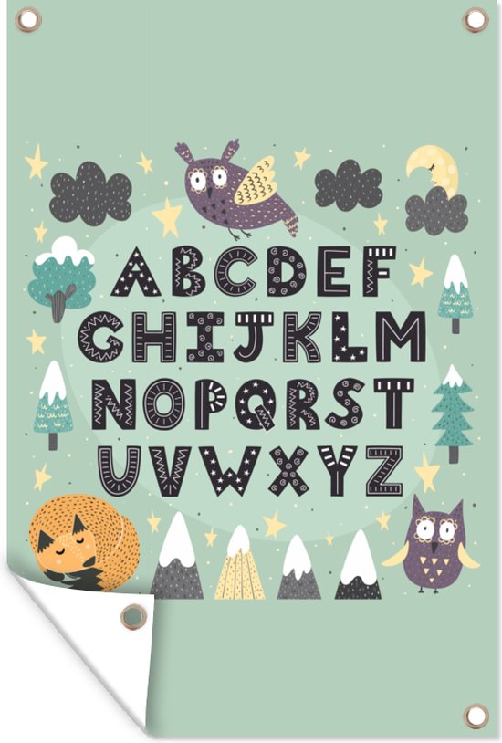 Tuindecoratie Illustratie alfabet en dieren op een groene achtergrond - 40x60 cm - Tuinposter - Tuindoek - Buitenposter