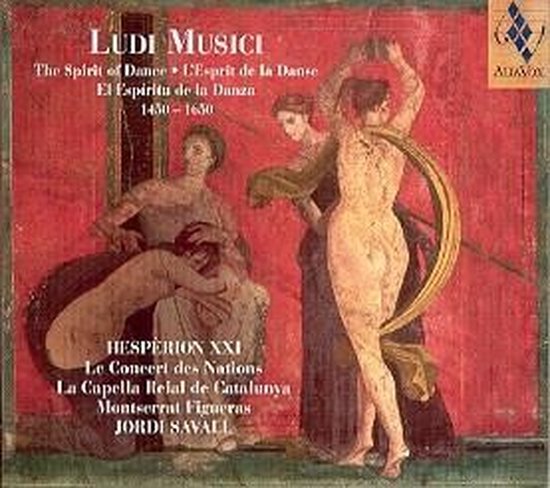 Albumhoes met schilderij van dansende figuren in rode tinten. Titel: Ludi Musici.