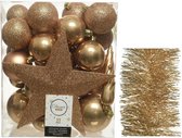 Kerstversiering kunststof kerstballen 5-6-8 cm met ster piek en folieslingers pakket camel bruin 35x stuks - Kerstboomversiering