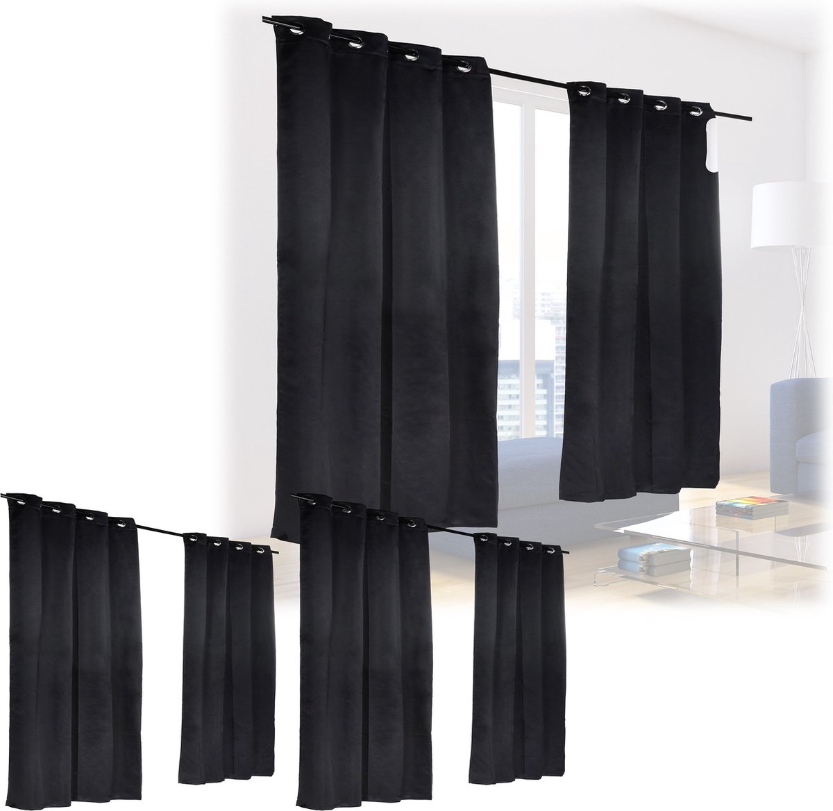 Relaxdays 6 x verduisterende gordijnen - zwart - kant en klaar - gordijn set - 245x135 cm