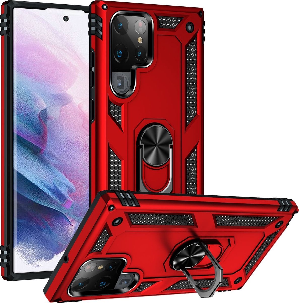 Mobigear Hoesje geschikt voor Samsung Galaxy S22 Ultra Telefoonhoesje Hardcase | Mobigear Armor Ring Backcover Shockproof met Ringhouder | Schokbestendig Galaxy S22 Ultra Telefoonhoesje | Anti Shock Proof - Rood