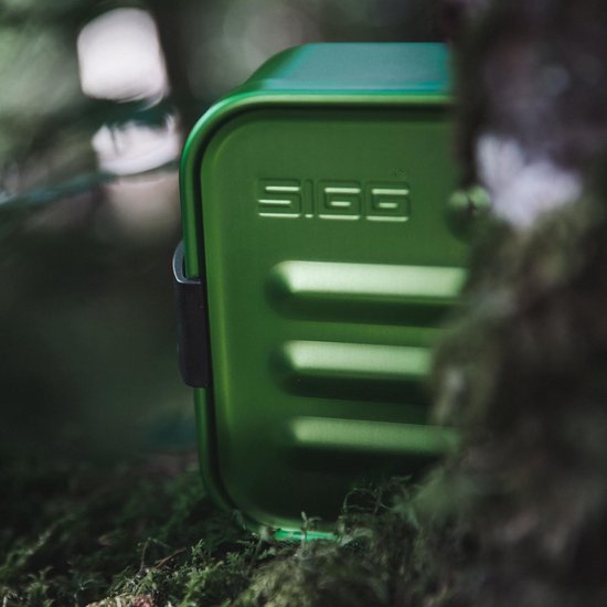 Gros plan d'une boîte à lunch SIGG verte et nervurée, entre l'écorce et la mousse.