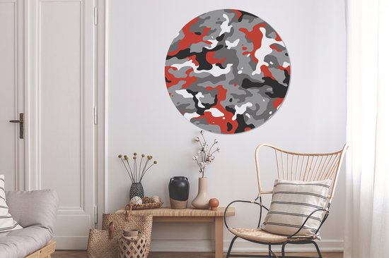 Motif camouflage avec des accents rouges Cercle mural aluminium ⌀ 120 cm - impression photo sur cercle mural / cercle vivant / cercle de jardin (décoration murale)