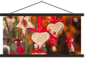 Posterhanger incl. Poster 90x45 cm - Schoolplaat - De hangende hartendecoratie op de markt van Trente tijdens kerst - Textielposter - Zwarte latten