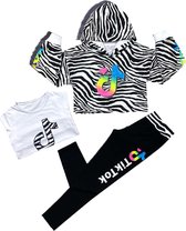 kinderkleding-3-delig crop-top tik tok kleding set-pakje-meisjes-tik tok trui+tik tok legging+tik tok t-shirt - Wit-zebra, 152