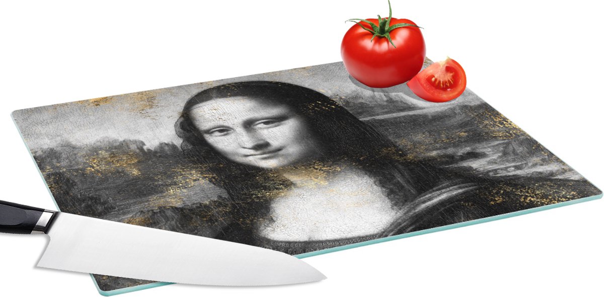 Glazen Snijplank - 39x28 - Mona Lisa - Leonardo da Vinci - Zwart - Wit - Goud - Snijplanken Glas
