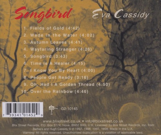 Achterkant van de cd 'Songbird Eva Cassidy' met tracklist en barcode.