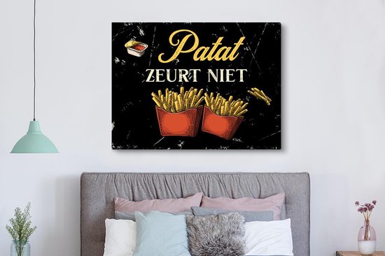 Toile Peinture Frites - Vintage - Citation - 160x120 cm - Décoration murale XXL - Cadeau femme - Cadeau homme
