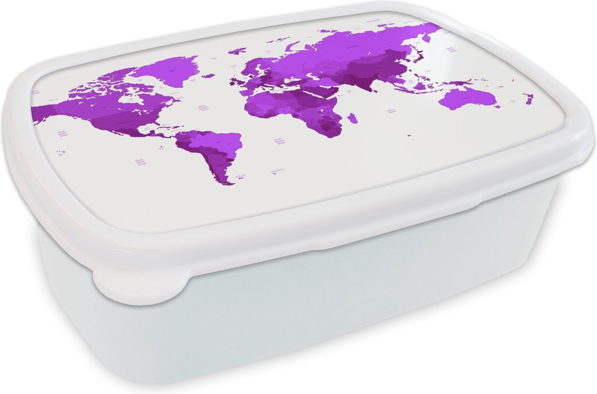 Broodtrommel Wit - Lunchbox - Brooddoos - Wereldkaart - Simpel - Paars - 18x12x6 cm - Volwassenen