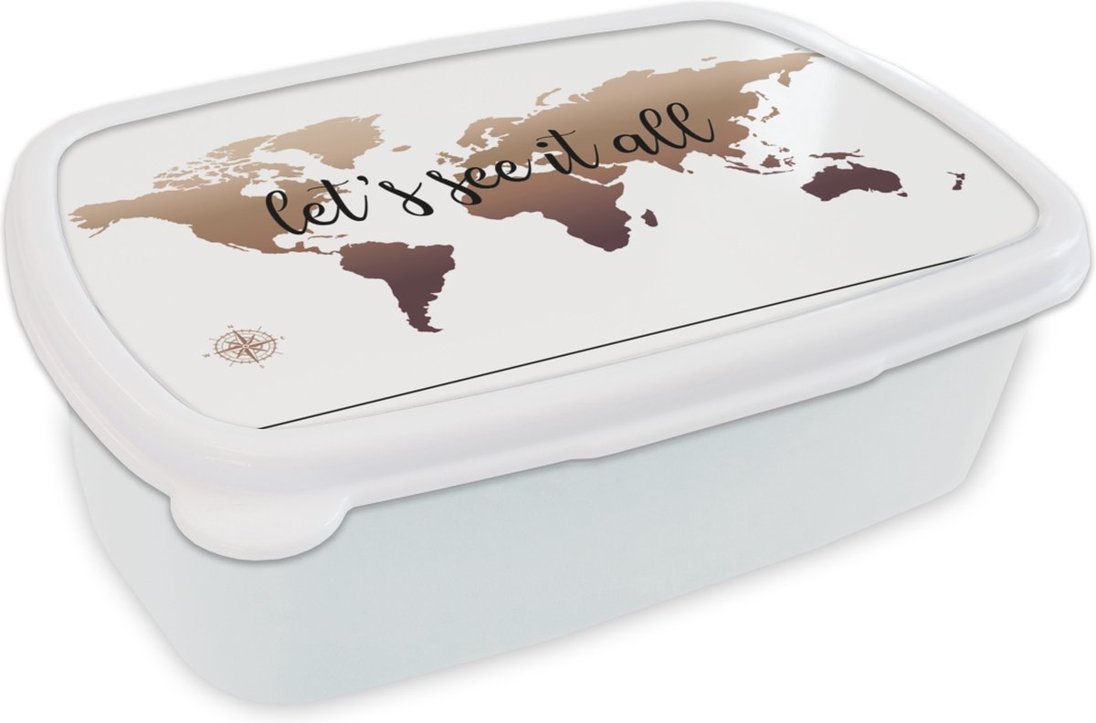 Broodtrommel Wit - Lunchbox - Brooddoos - Wereldkaart - Bruin - Kompas - 18x12x6 cm - Volwassenen
