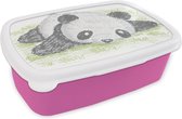 Broodtrommel Roze - Lunchbox - Brooddoos - Dieren - Panda - Gras - 18x12x6 cm - Kinderen - Meisje