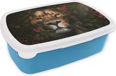 Broodtrommel Blauw - Lunchbox - Brooddoos - Jungle - Leeuw - Vlinder - Bloemen - 18x12x6 cm - Kinderen - Jongen