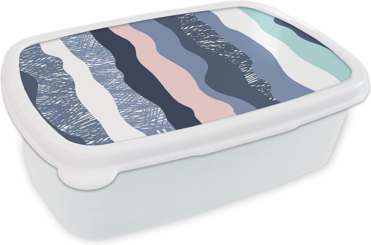 Broodtrommel Wit - Lunchbox - Brooddoos - Kind - Strepen - Blauw - 18x12x6 cm - Volwassenen