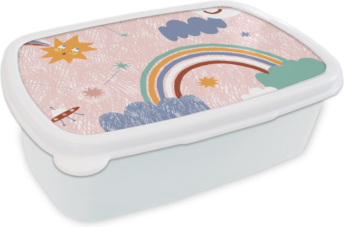 Broodtrommel Wit - Lunchbox - Brooddoos - Ruimte - Kind - Regenboog - 18x12x6 cm - Volwassenen