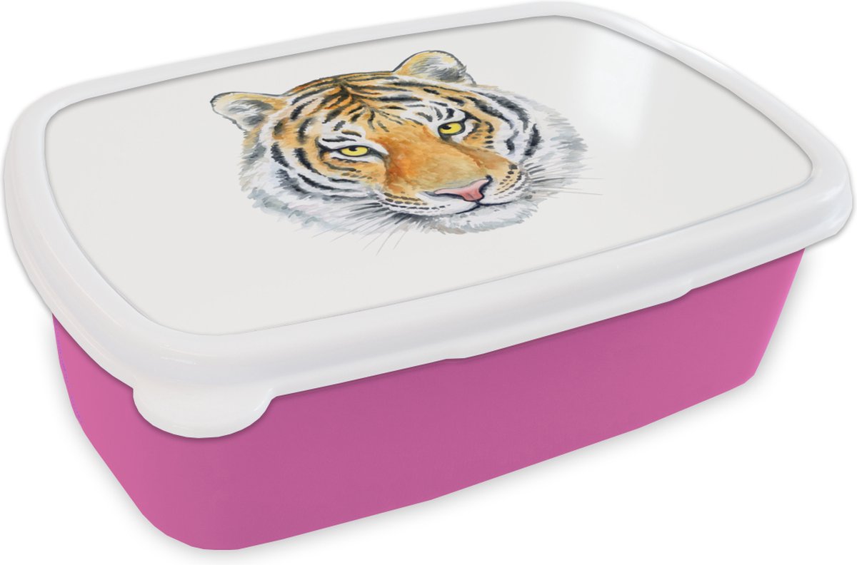 Broodtrommel Roze - Lunchbox - Brooddoos - Tijger - Kop - Geel - 18x12x6 cm - Kinderen - Meisje