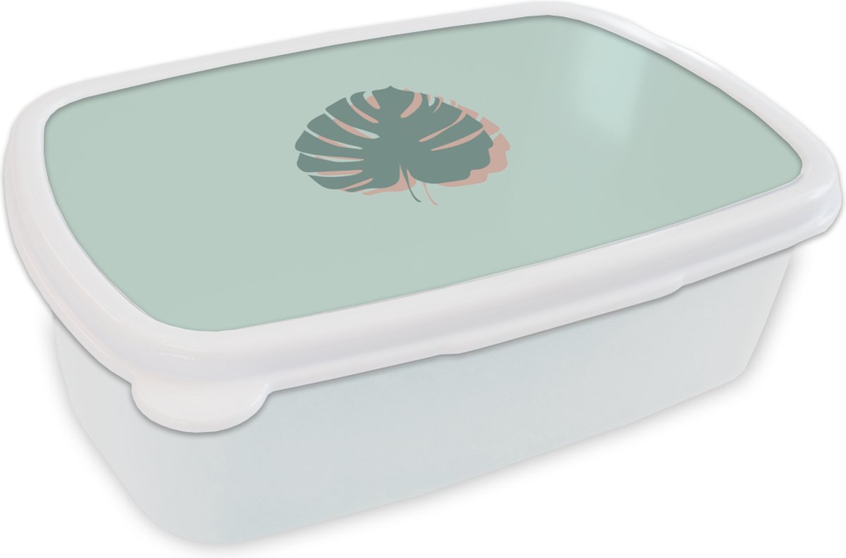 Broodtrommel Wit - Lunchbox - Brooddoos - Zomer - Monstera - Pastel - 18x12x6 cm - Volwassenen
