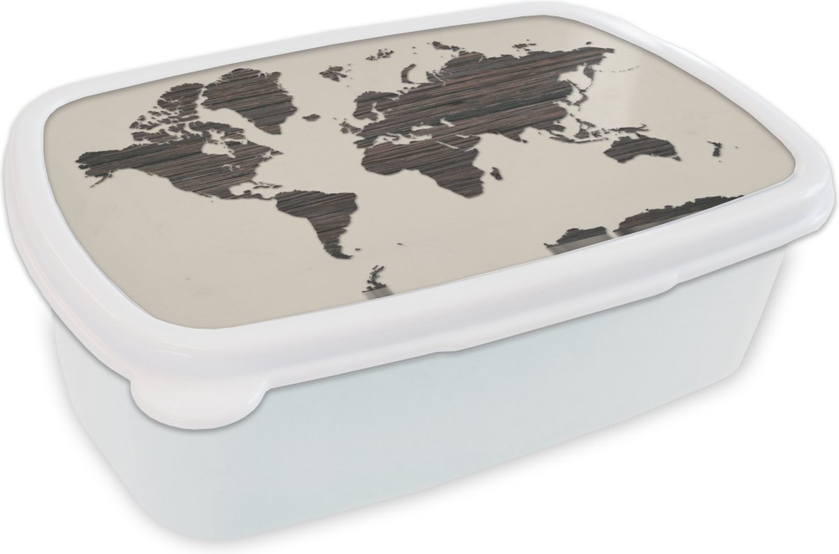 Broodtrommel Wit - Lunchbox - Brooddoos - Wereldkaart - Bruin - Hout - 18x12x6 cm - Volwassenen