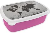 Broodtrommel Roze - Lunchbox - Brooddoos - Wereldkaart - Planten - Bloemen - 18x12x6 cm - Kinderen - Meisje