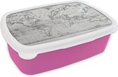 Broodtrommel Roze - Lunchbox - Brooddoos - Wereldkaart met een grijze tint - zwart wit - 18x12x6 cm - Kinderen - Meisje