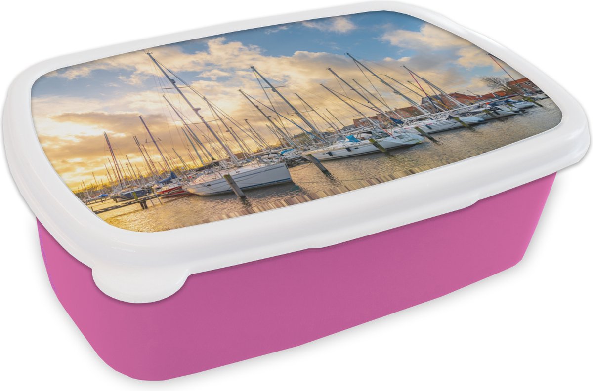 Broodtrommel Roze - Lunchbox - Brooddoos - Zee - Zeilboot - Haven - 18x12x6 cm - Kinderen - Meisje