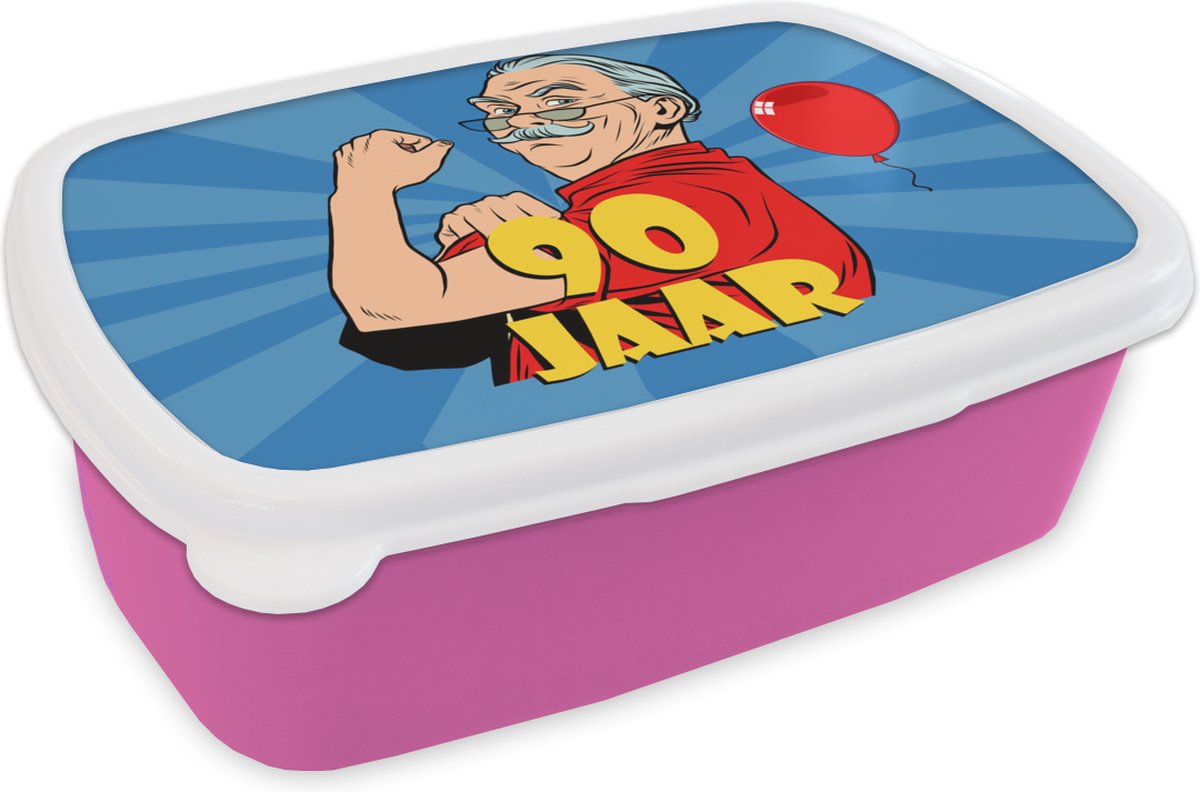 Broodtrommel Roze - Lunchbox - Brooddoos - Verjaardag - 90 Jaar - Man - 18x12x6 cm - Kinderen - Meisje