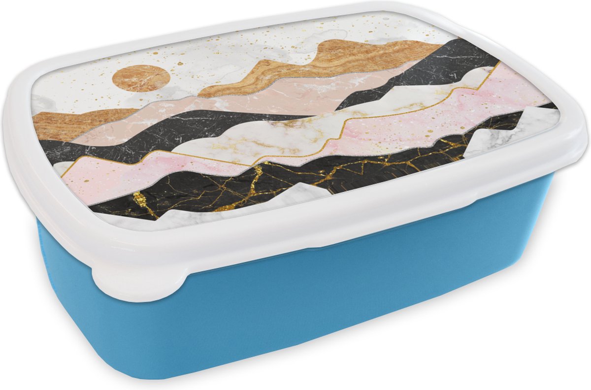 Broodtrommel Blauw - Lunchbox - Brooddoos - Marmer - Goud - Pastel - 18x12x6 cm - Kinderen - Jongen