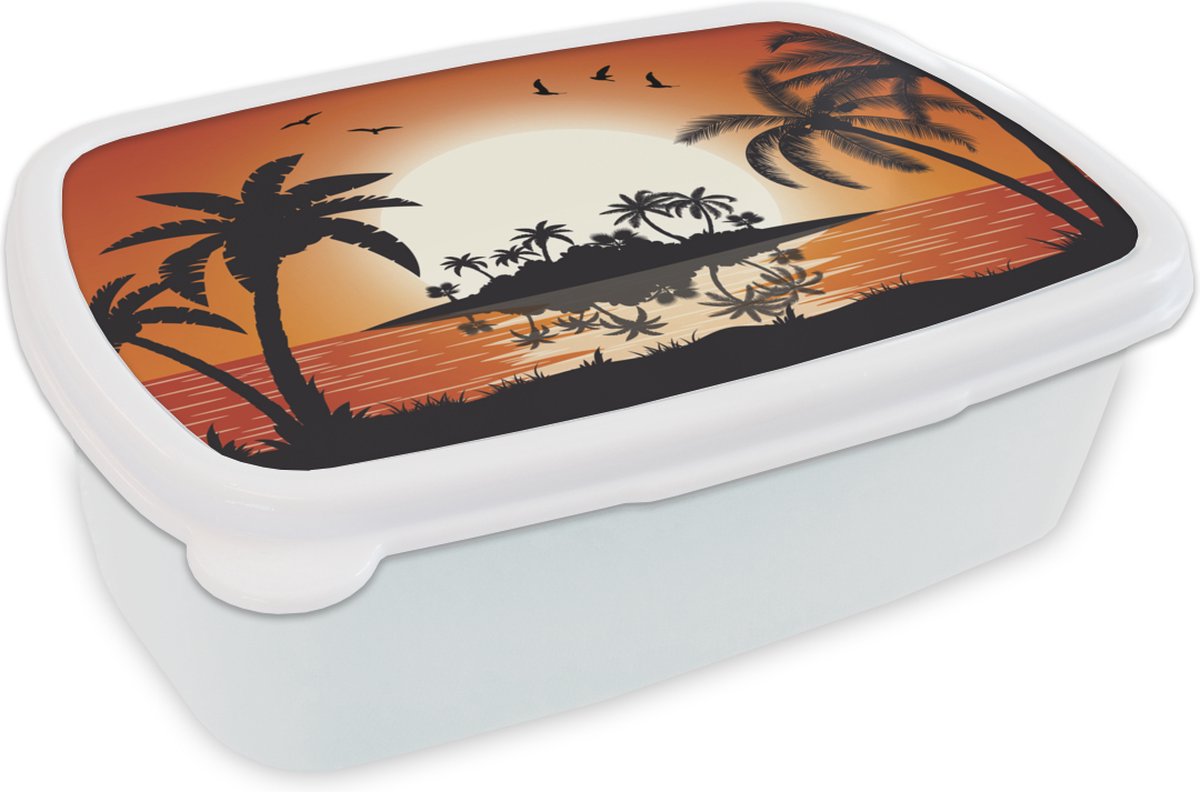 Broodtrommel Wit - Lunchbox - Brooddoos - Eiland - Zee - Zon - Palmboom - 18x12x6 cm - Volwassenen