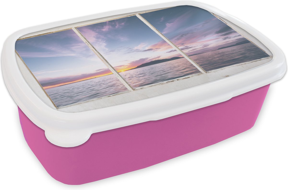 Broodtrommel Roze - Lunchbox - Brooddoos - Doorkijk - Eiland - Zee - 18x12x6 cm - Kinderen - Meisje