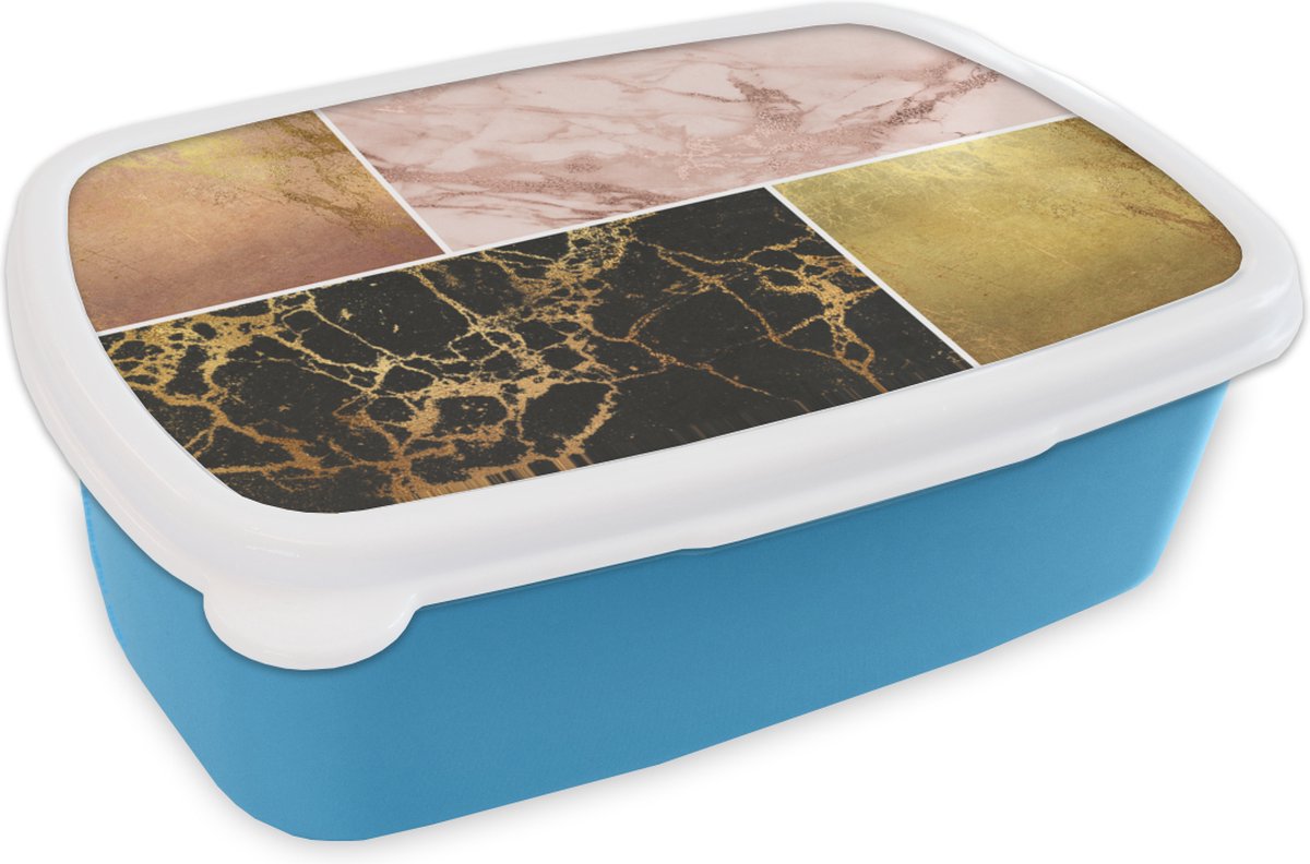 Broodtrommel Blauw - Lunchbox - Brooddoos - Marmer - Rosé - Goud - 18x12x6 cm - Kinderen - Jongen