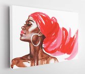 Aquarel schoonheid Afrikaanse vrouw. Mode illustratie kleuren. Mooi meisje hand getekend portret op witte achtergrond - Modern Art Canvas - Horizontaal - 1082100032 - 115*75 Horizo