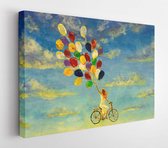 Schilderij Mooi gelukkig meisje in witte jurk op fiets met veelkleurige ballonnen rijdt over de hemel illustratie artwork fine art - Moderne kunst Canvas - Horizontaal - 1507827734