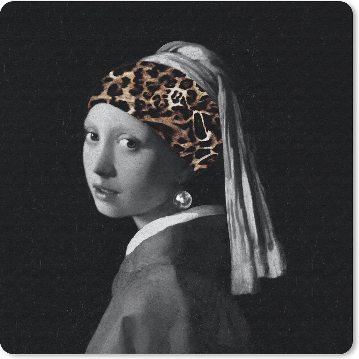 Muismat 20x20 cm - Mousepad Meisje met de parel - Oude meester - Panterprint - Muismatten