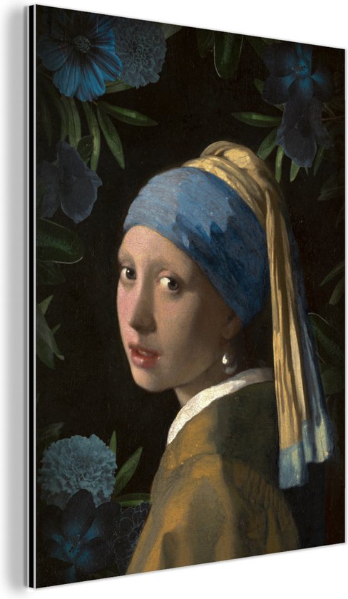 Wanddecoratie Metaal - Aluminium Schilderij Industrieel - Meisje met de parel - Vermeer - Bloemen - Blauw - 120x160 cm - Dibond - Foto op aluminium - Industriële muurdecoratie - Voor de woonkamer/slaapkamer
