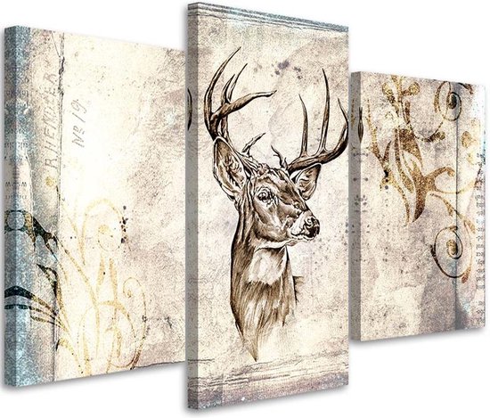 Trend24 - Canvas Schilderij - Herten Vintage - Drieluik - Dieren - 90x60x2 cm - Bruin