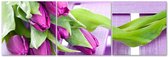Trend24 - Canvas Schilderij - Paarse Tulpen In Een Boeket - Schilderijen - Bloemen - 150x50x2 cm - Roze