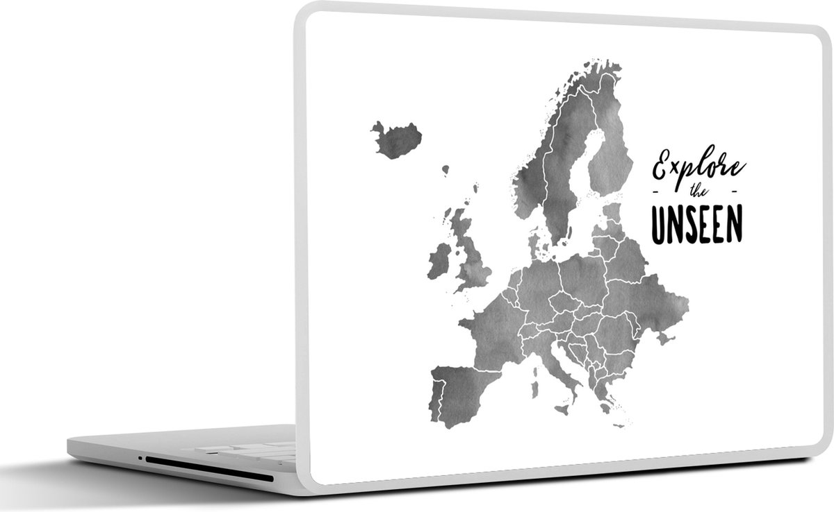Laptop sticker - 10.1 inch - Europakaart in grijze waterverf met de quote "Explore the unseen" - zwart wit - 25x18cm - Laptopstickers - Laptop skin - Cover