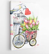 Canvas schilderij - Bird and flower watercolor with red heart -  365472572 - 40-30 Vertical