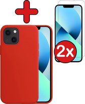iPhone 13 Hoesje Siliconen Case Back Cover Hoes Rood Met 2x Screenprotector Dichte Notch - iPhone 13 Hoesje Cover Hoes Siliconen Met 2x Screenprotector