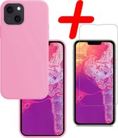 iPhone 13 Mini Hoesje Siliconen Met Screenprotector Tempered Glass - iPhone 13 Mini Screen Protector Beschermglas Full Screen Hoes Back Case - Licht Roze