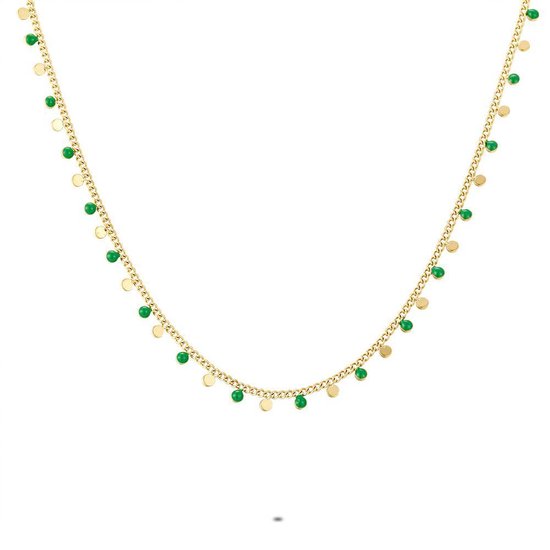 Twice As Nice Halsketting in goudkleurig edelstaal, groene en goudkleurige rondjes 36 cm+4 cm