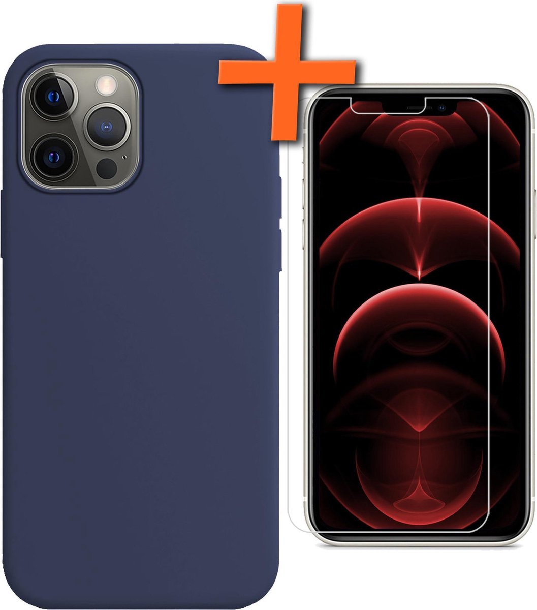 iPhone 13 Pro Max Hoesje Met Screenprotector - iPhone 13 Pro Max Case Donker Blauw Siliconen - iPhone 13 Pro Max Hoes Met Screenprotector