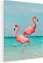 Artaza Glasschilderij - Twee Flamingo's in het Water - 80x100 - Groot - Plexiglas Schilderij - Foto op Glas